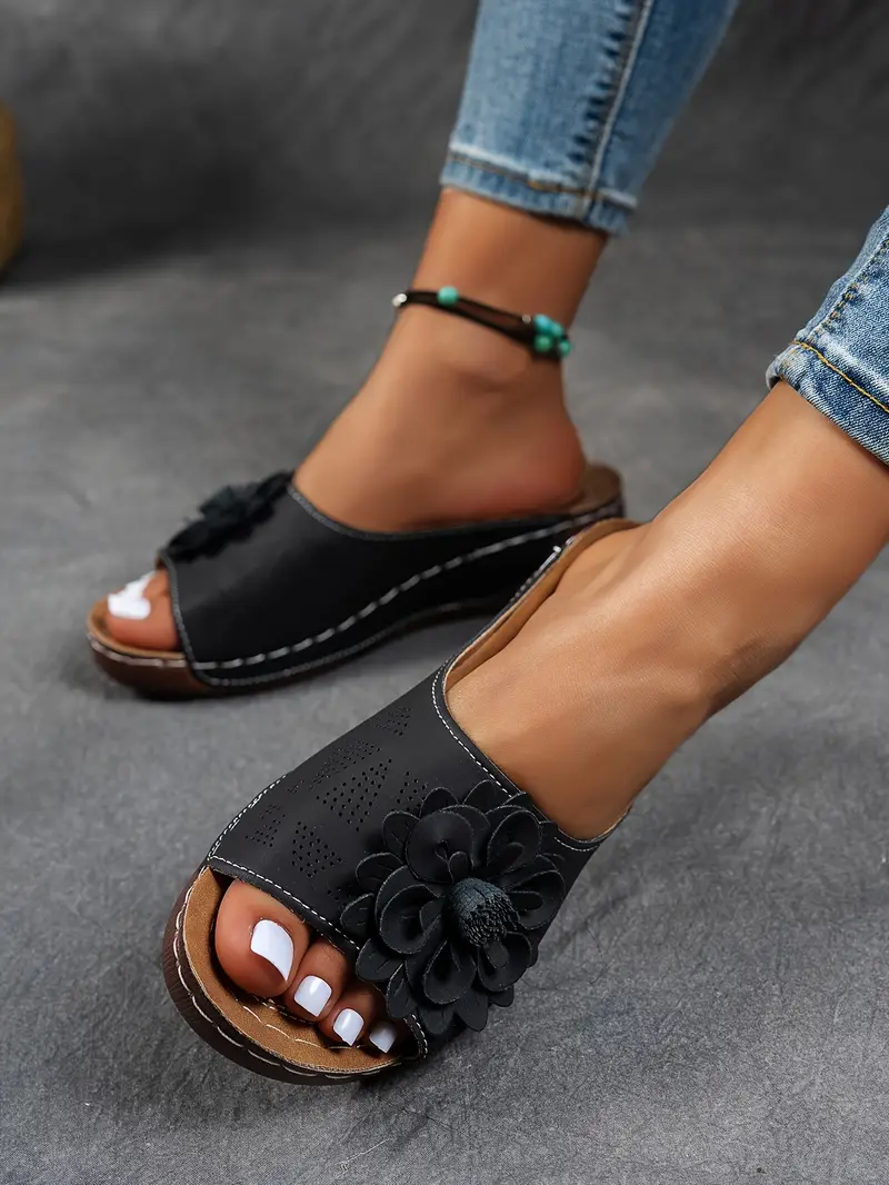 womens floral embellished sandals comfortable flat brown perforated design   thick rubber sole casual summer shoes everyday sandals summer style shoes pu cover sandals strappy sandals details 9