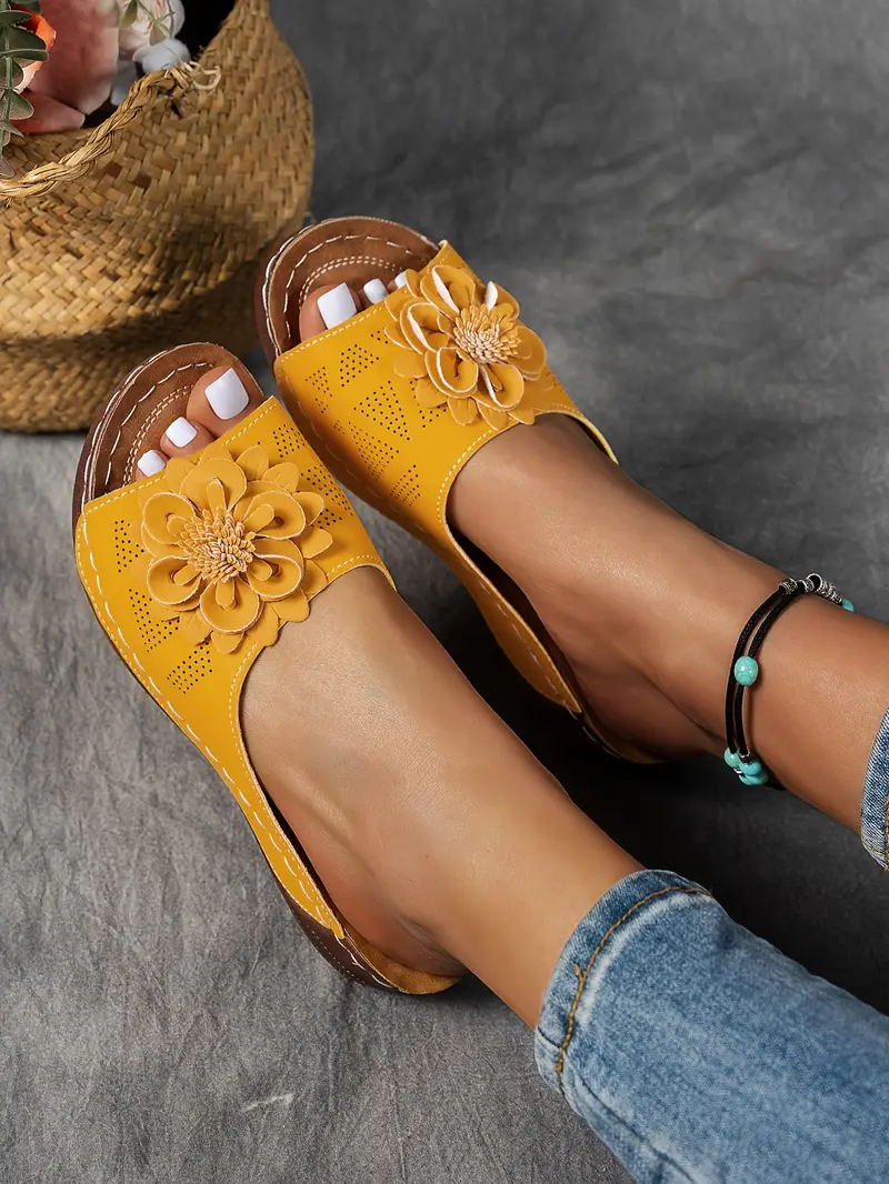 womens floral embellished sandals comfortable flat brown perforated design   thick rubber sole casual summer shoes everyday sandals summer style shoes pu cover sandals strappy sandals details 21