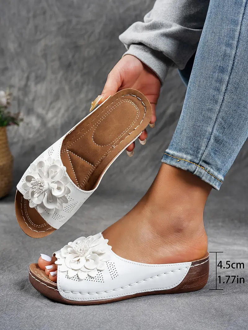 womens floral embellished sandals comfortable flat brown perforated design   thick rubber sole casual summer shoes everyday sandals summer style shoes pu cover sandals strappy sandals details 1