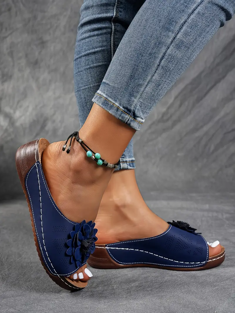 womens floral embellished sandals comfortable flat brown perforated design   thick rubber sole casual summer shoes everyday sandals summer style shoes pu cover sandals strappy sandals details 33