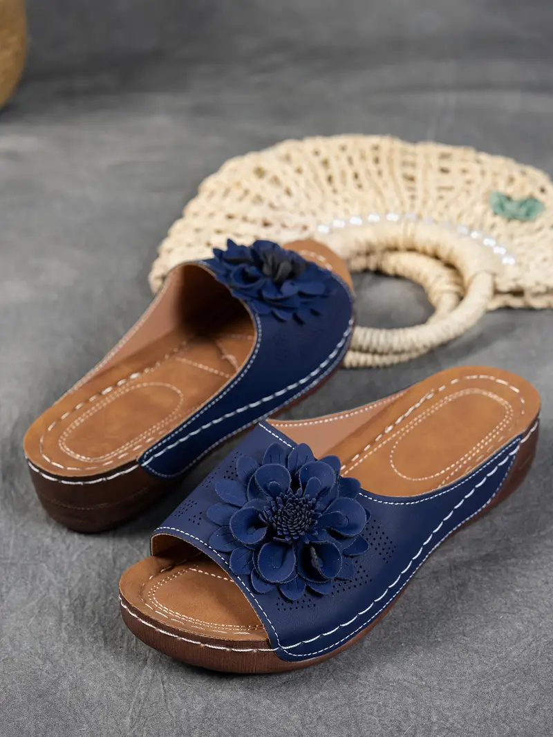 womens floral embellished sandals comfortable flat brown perforated design   thick rubber sole casual summer shoes everyday sandals summer style shoes pu cover sandals strappy sandals details 35