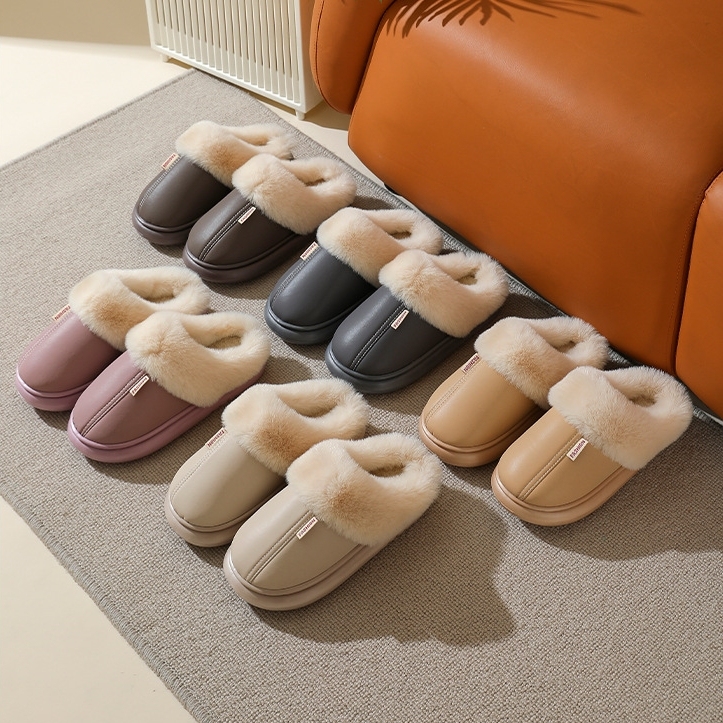 Women's PU leather solid color warm cotton slippers