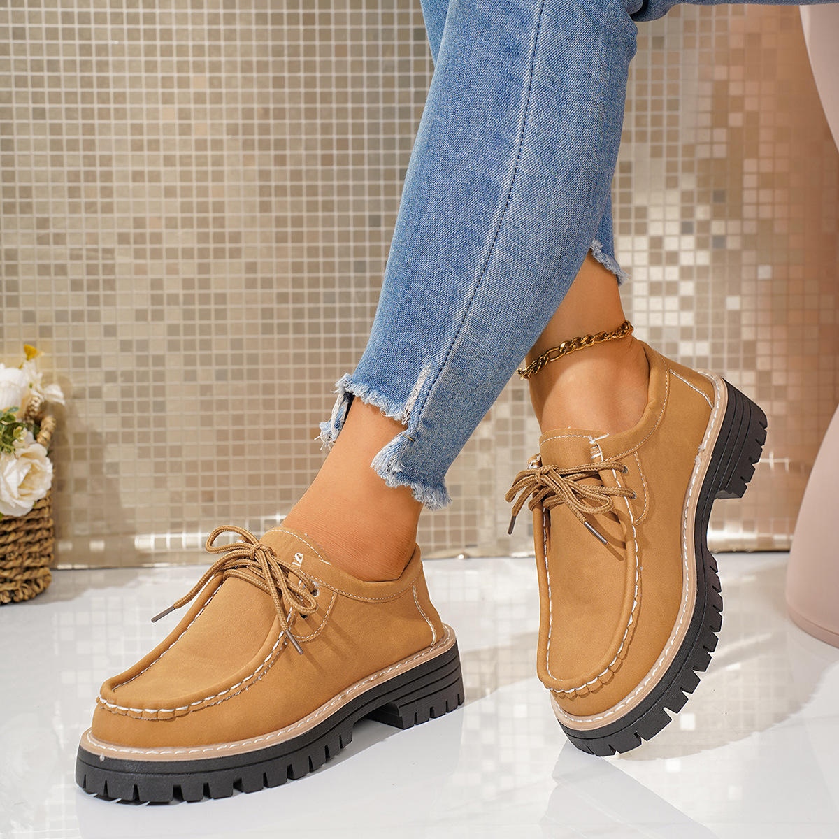 Women's new round toe lace-up casual loafers