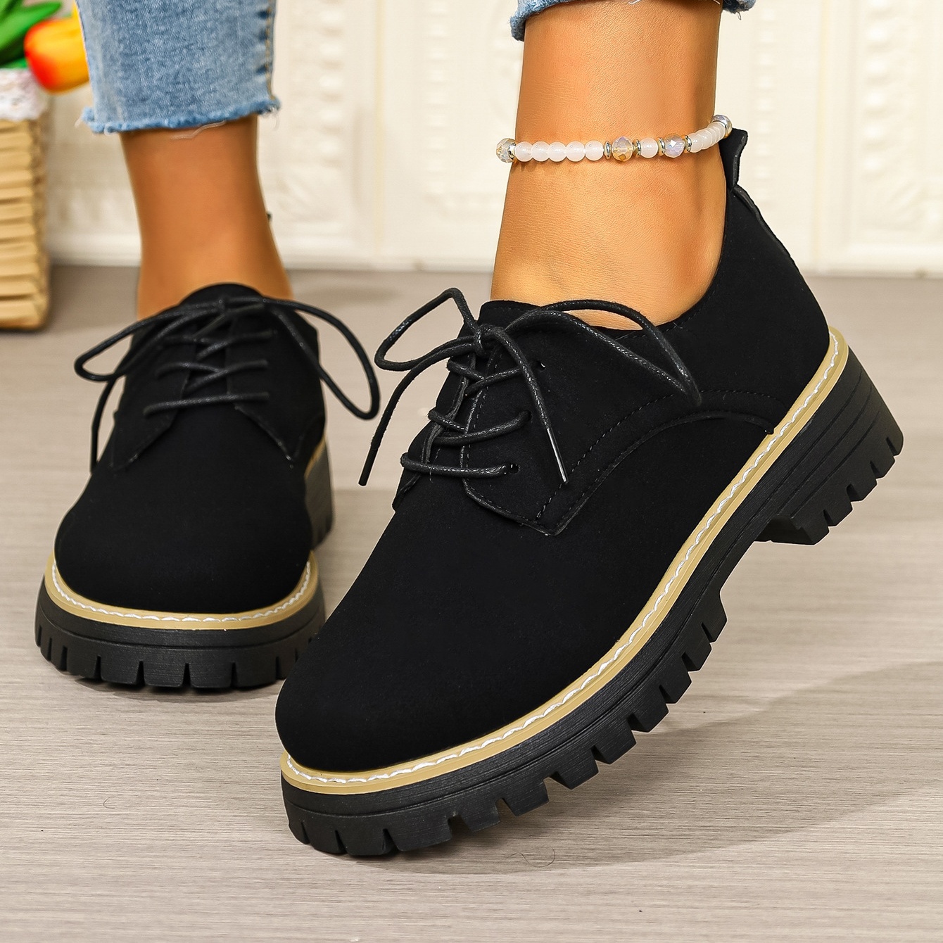 Women's waterproof and non-slip lace-up thick-soled loafers