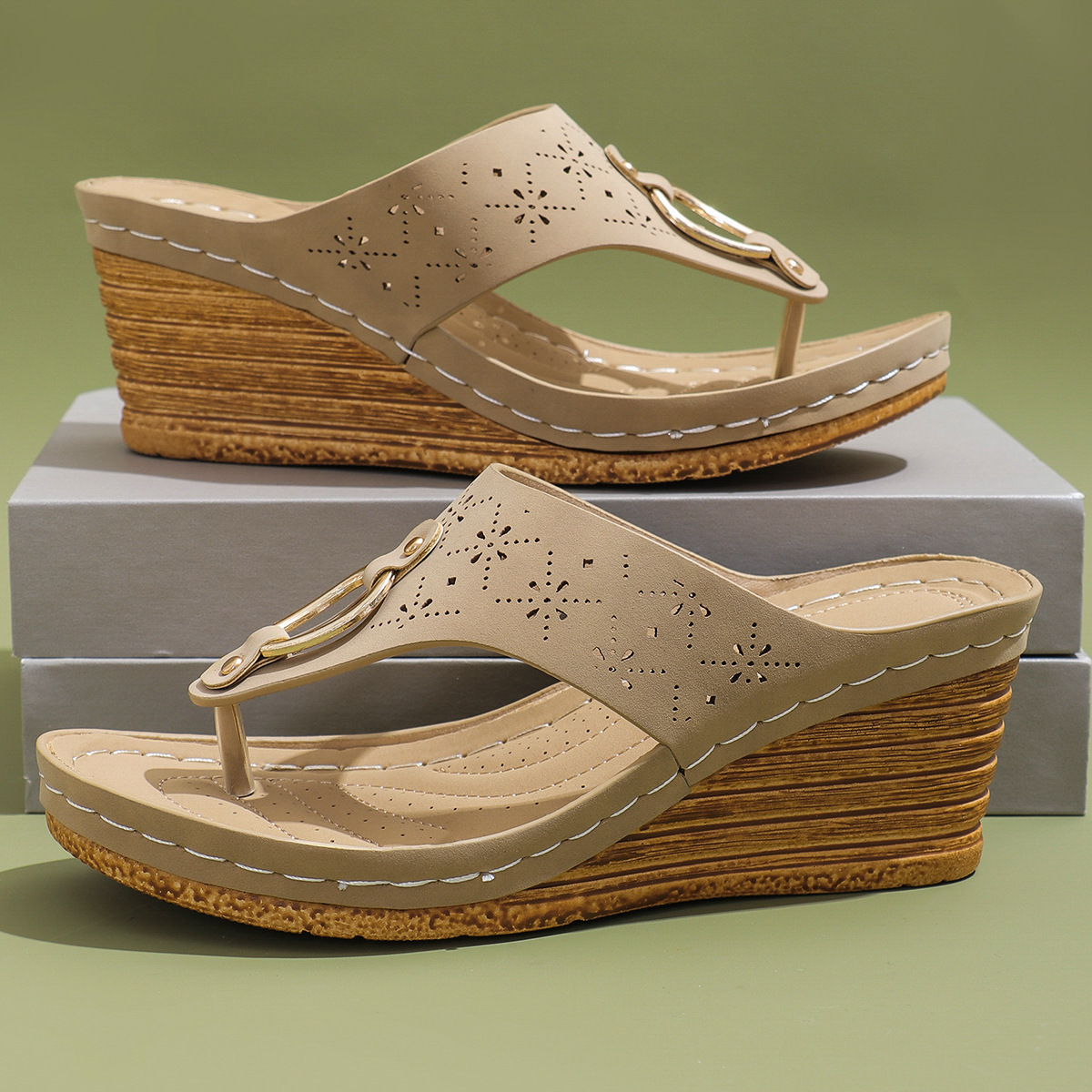 🔥2025 Summer Imitation Wood Wedge Thick-soled Casual Flip Flop - Buy 2 get free shipping