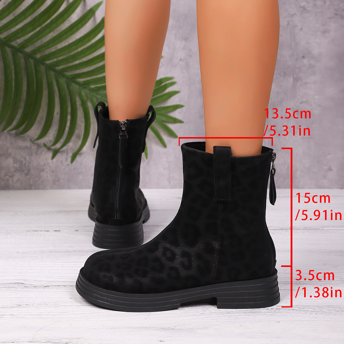 Women's chunky heel round toe boots with back zipper