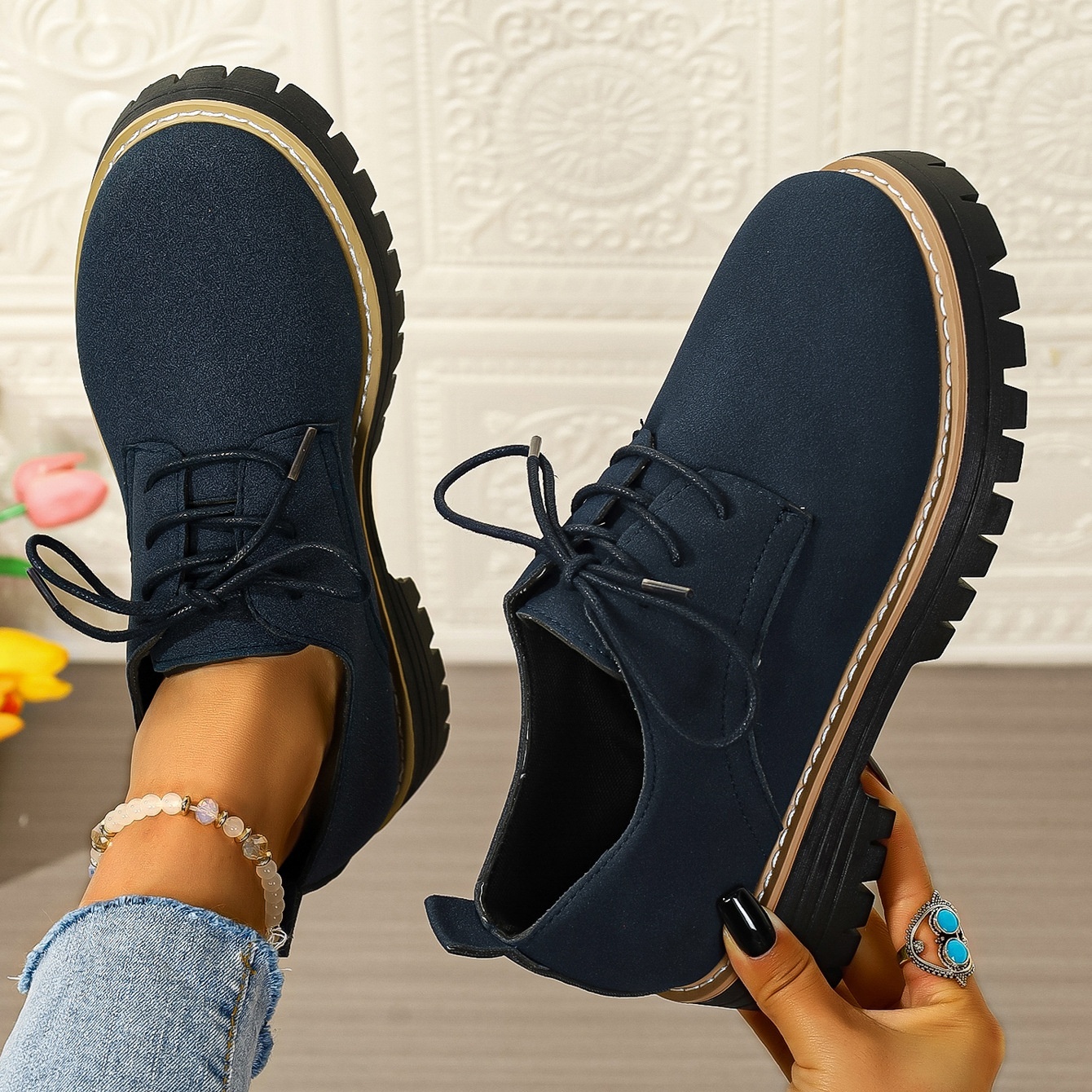 Women's waterproof and non-slip lace-up thick-soled loafers