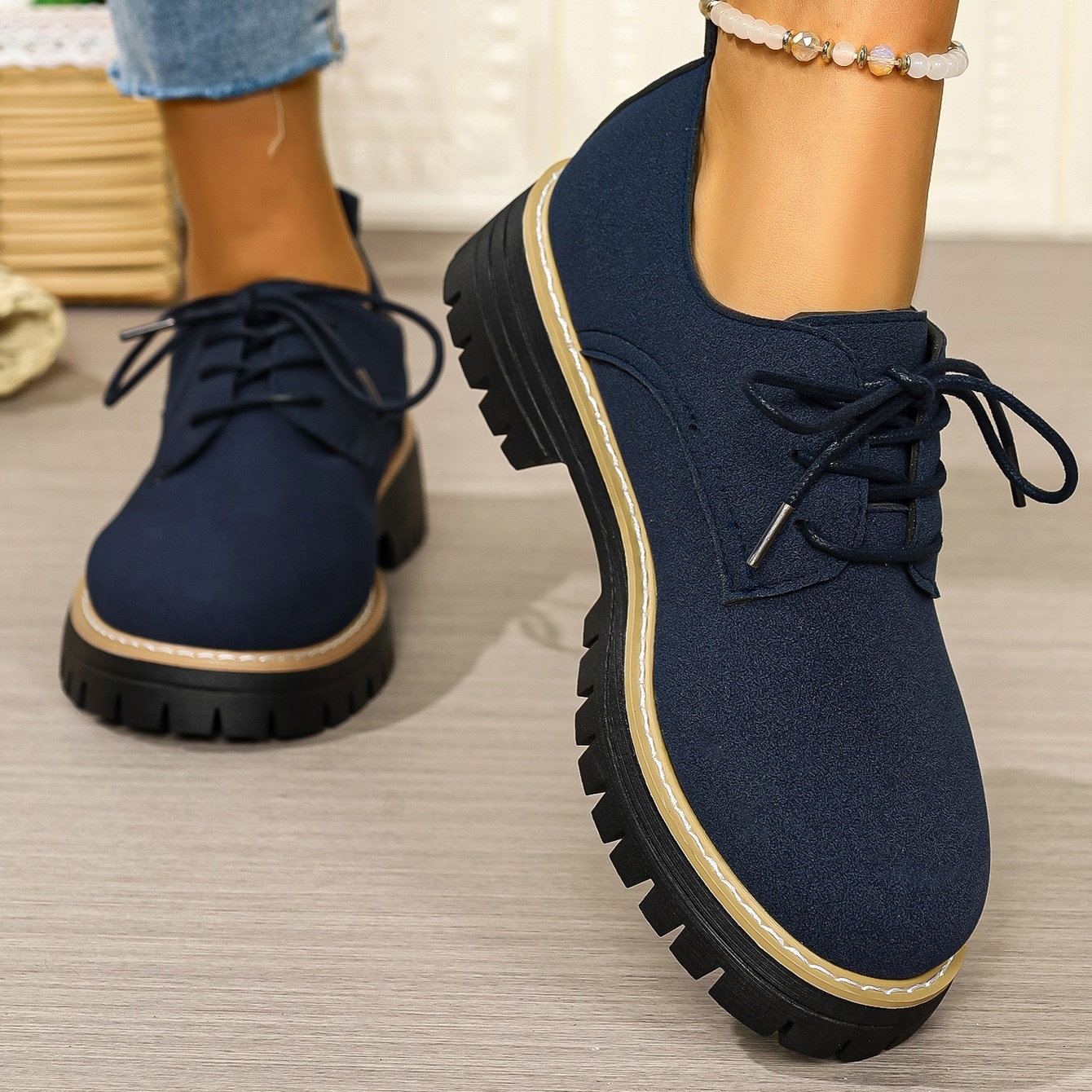 Women's waterproof and non-slip lace-up thick-soled loafers