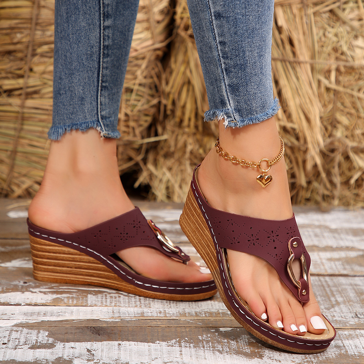 🔥2025 Summer Imitation Wood Wedge Thick-soled Casual Flip Flop - Buy 