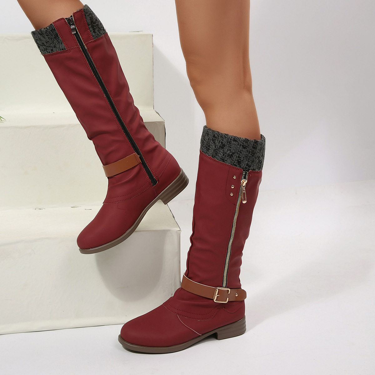 Women's side zipper belt buckle high boots