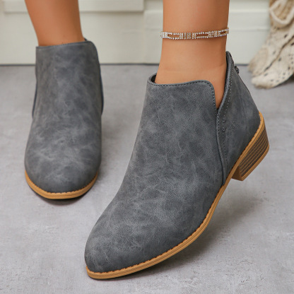 Women's casual thick heel solid color leather boots