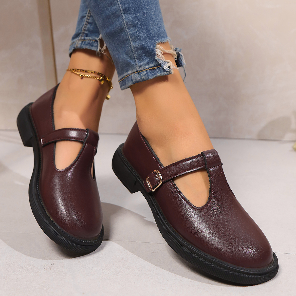 Women's Adjustable Buckle Platform/Flat leather shoes