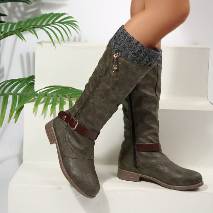 Women's side zipper belt buckle high boots