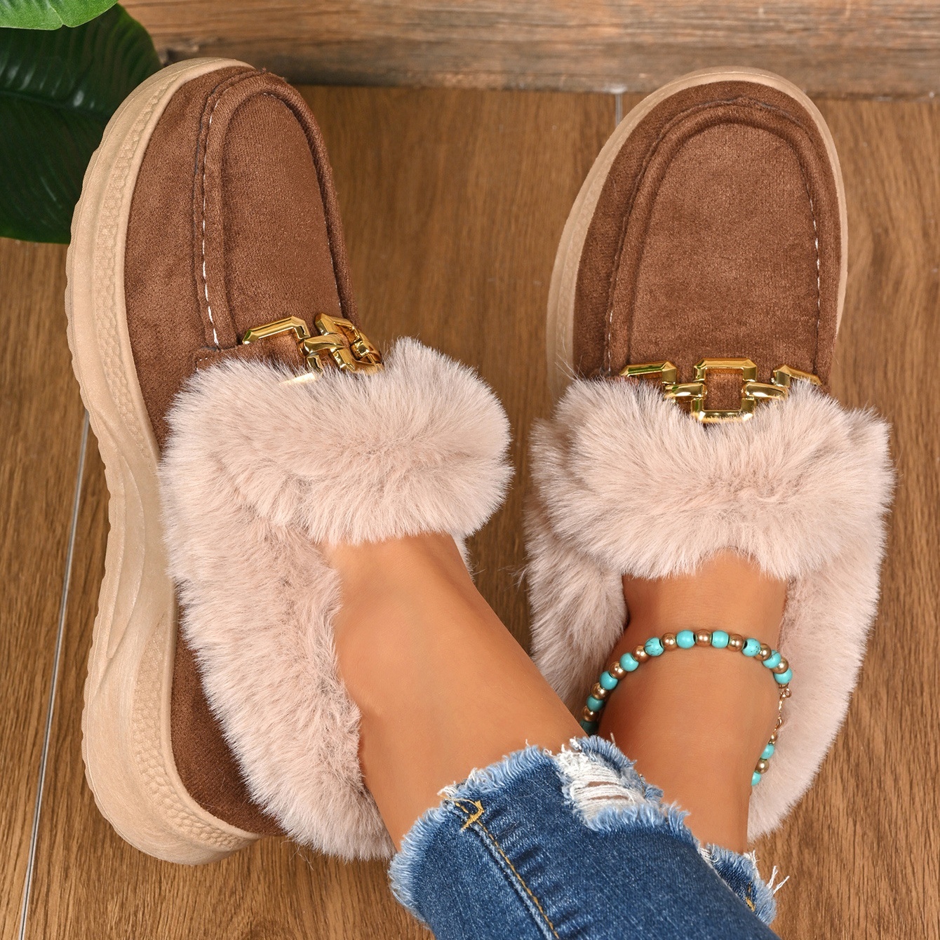 Women's fleece-lined slip-on cotton shoes