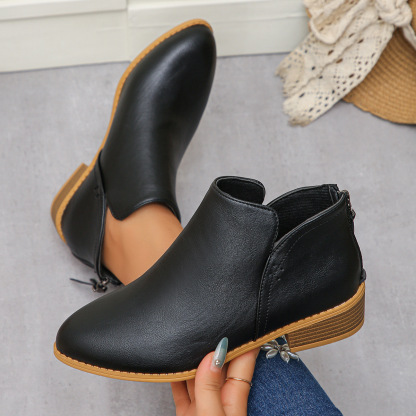 Women's casual thick heel solid color leather boots