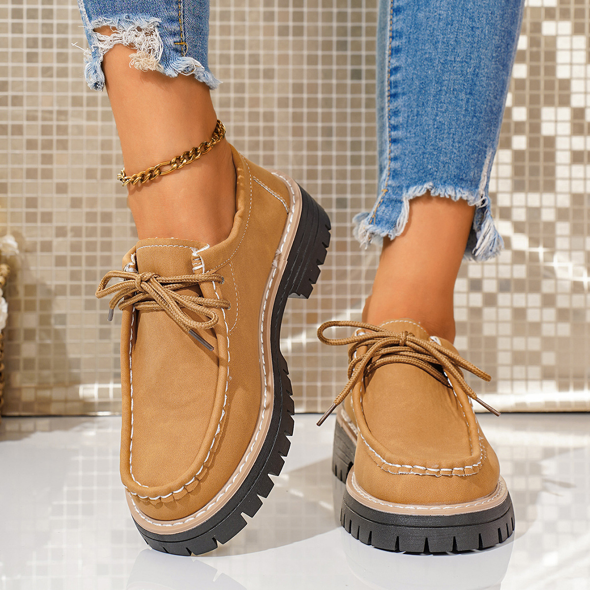 Women's new round toe lace-up casual loafers