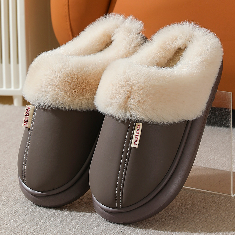Women's PU leather solid color warm cotton slippers