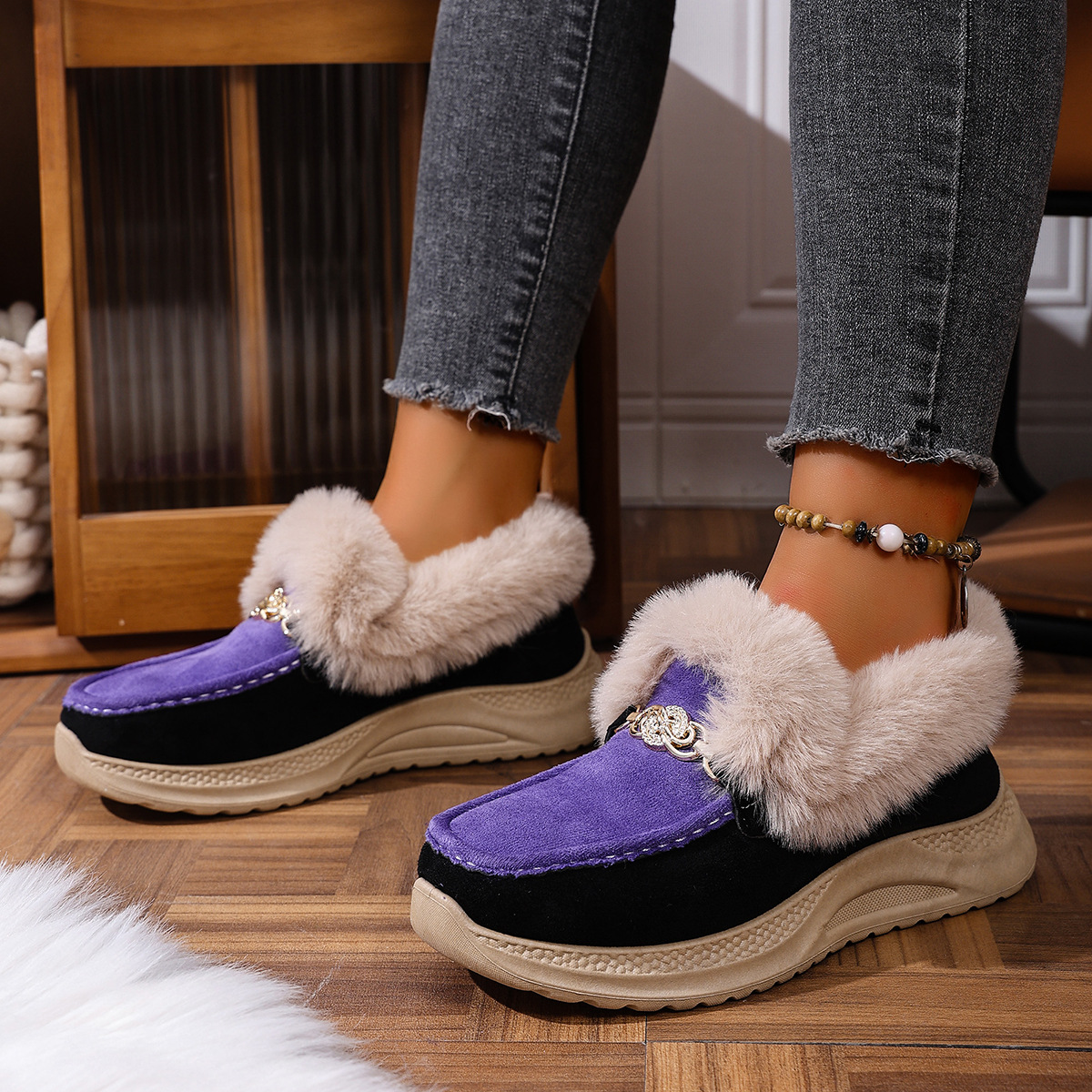 Women's fleece-lined slip-on cotton shoes