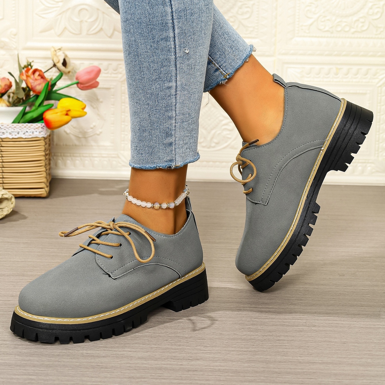 Women's waterproof and non-slip lace-up thick-soled loafers