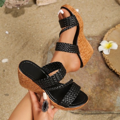 🔥2025 Summer Wood Grain High Heel Braided Wedge Heel Platform Sandals