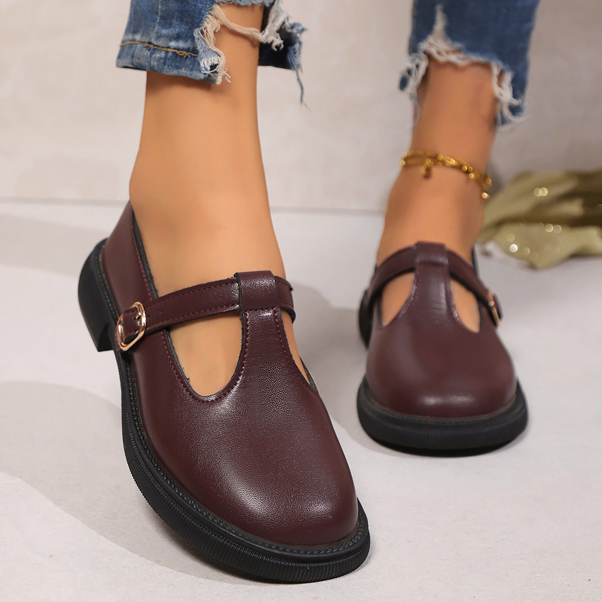 Women's Adjustable Buckle Platform/Flat leather shoes