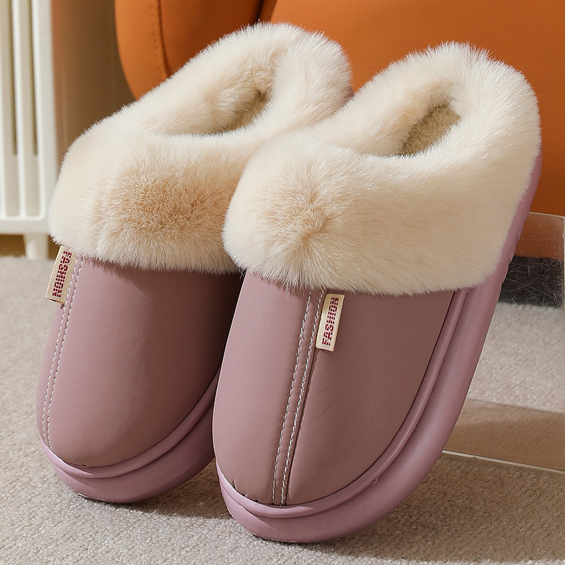 Women's PU leather solid color warm cotton slippers