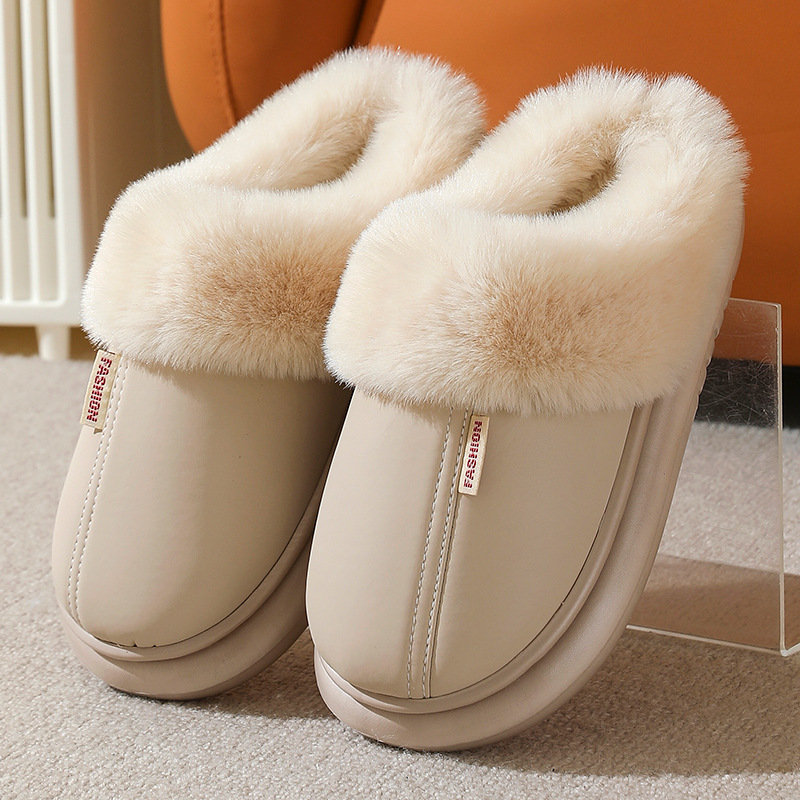 Women's PU leather solid color warm cotton slippers