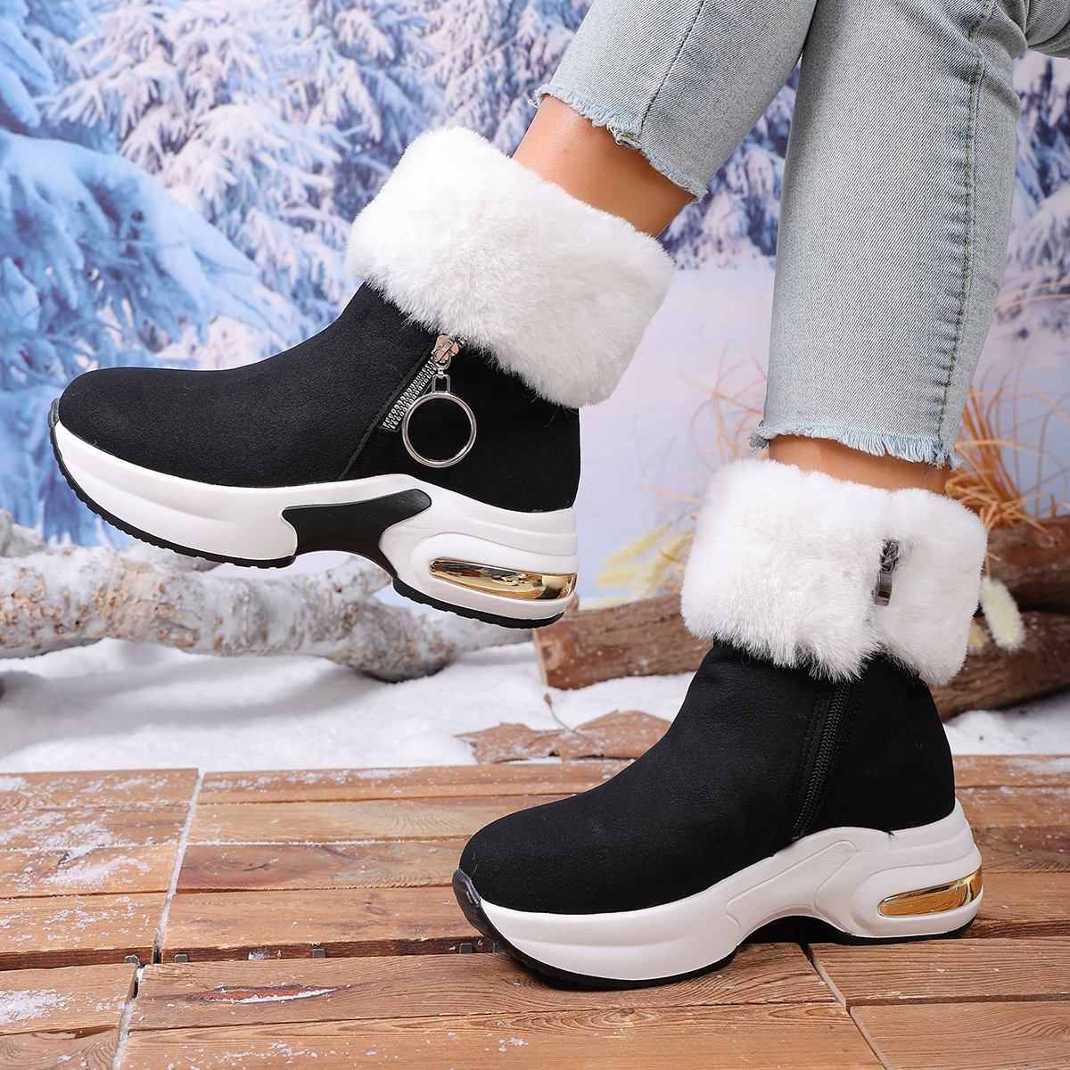 Women's winter side-zipper fleece-lined warm snow boots
