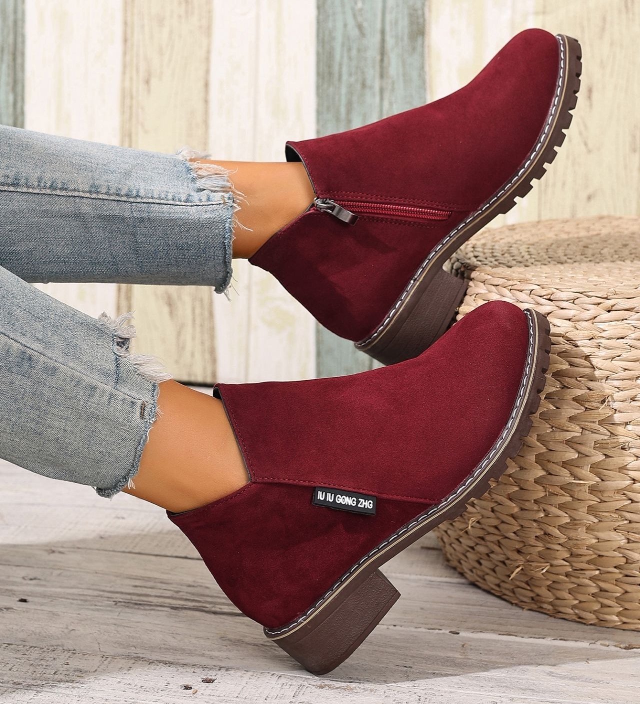 Women's chunky heel suede side zipper boots