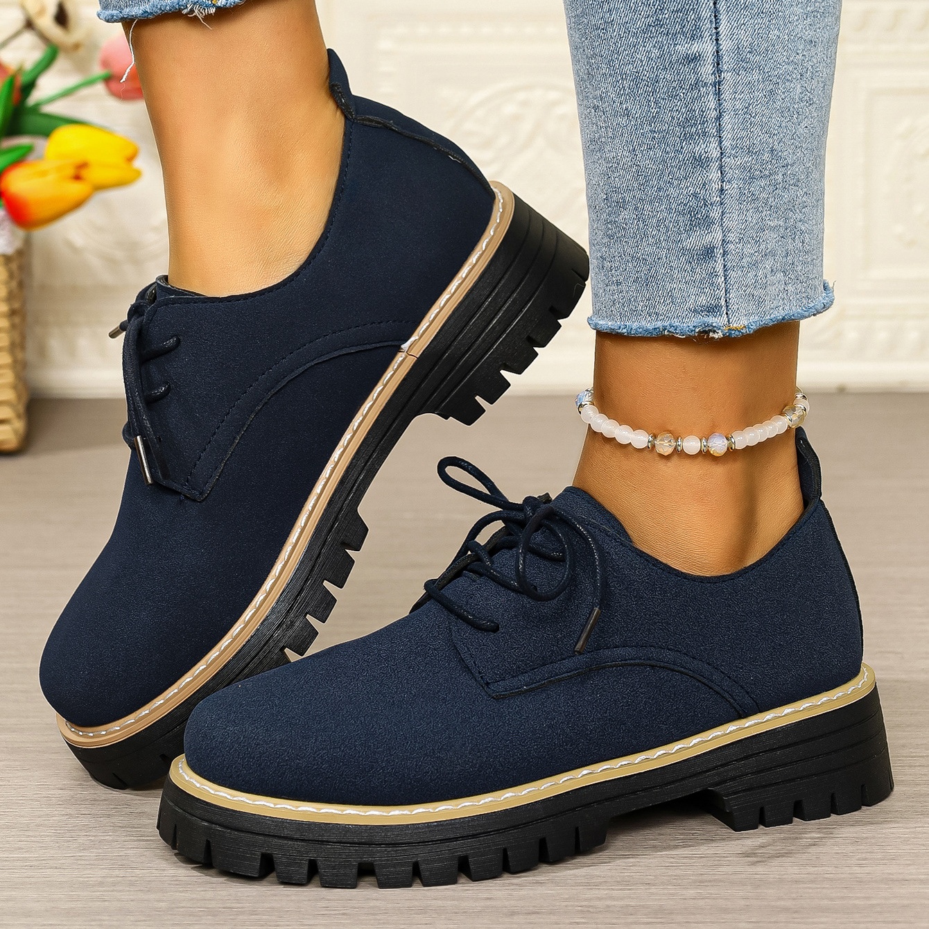 Women's waterproof and non-slip lace-up thick-soled loafers