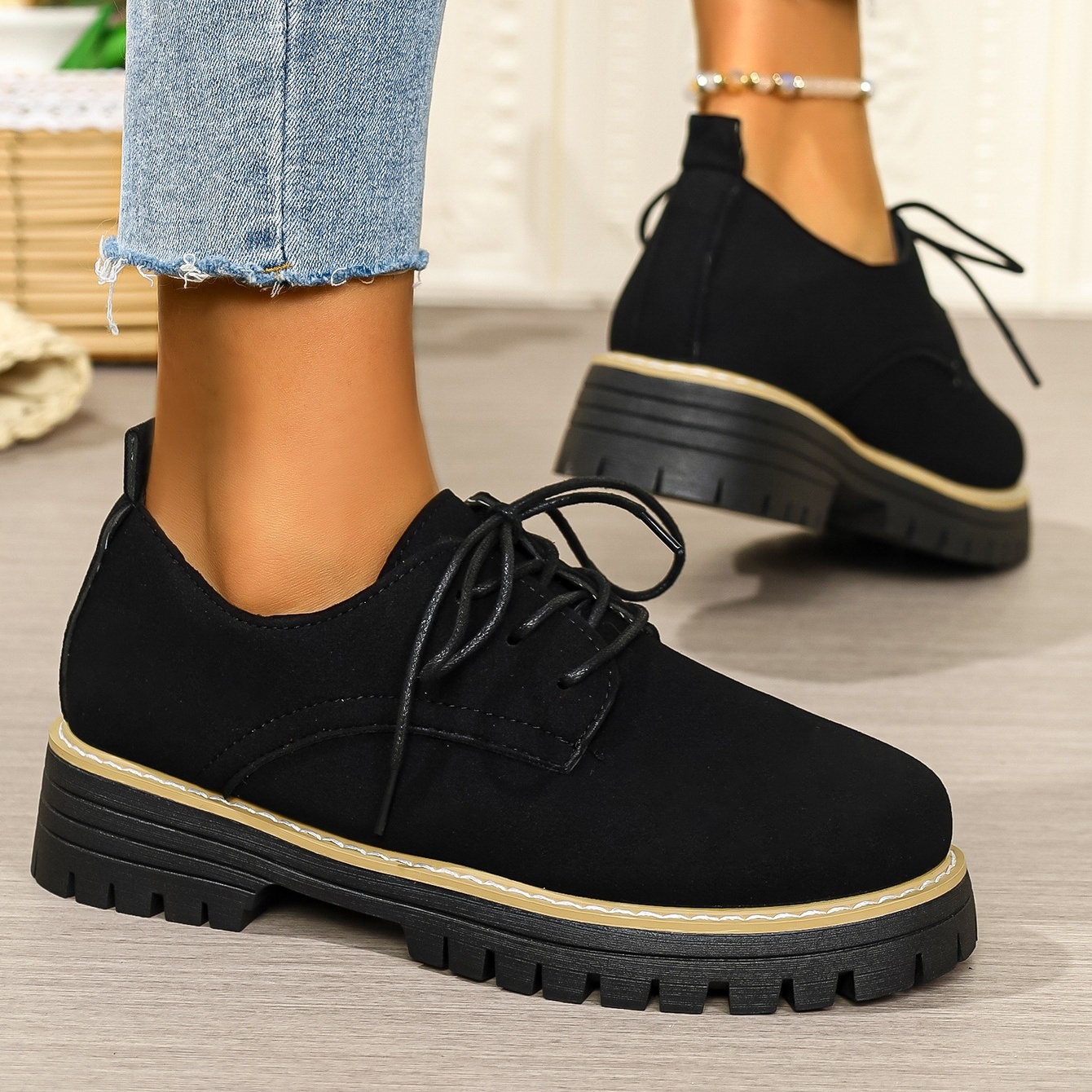 Women's waterproof and non-slip lace-up thick-soled loafers
