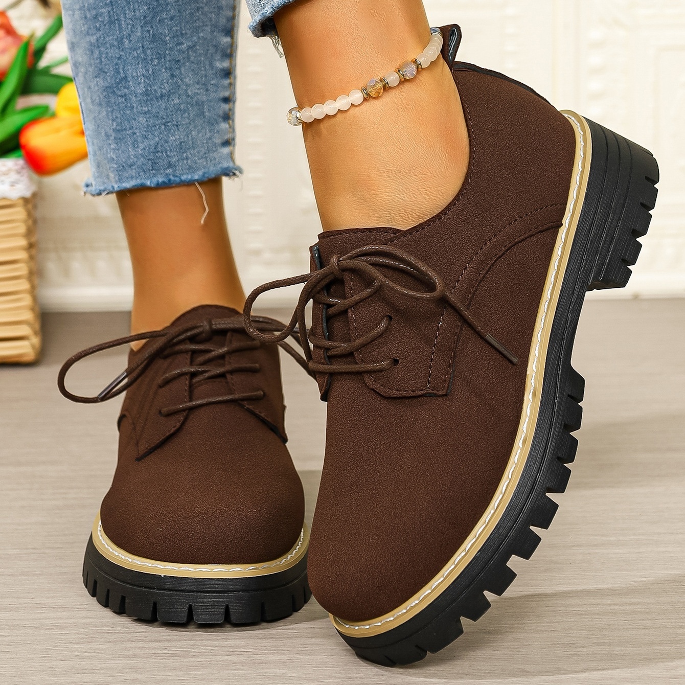 Women's waterproof and non-slip lace-up thick-soled loafers