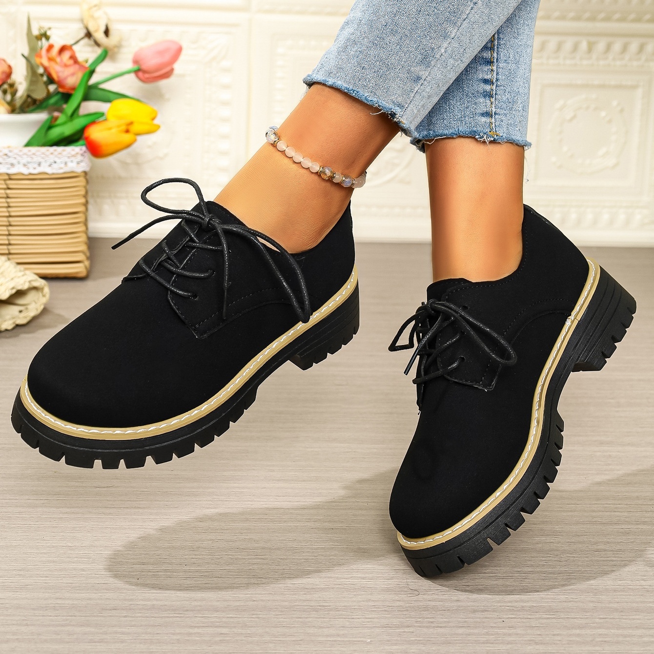 Women's waterproof and non-slip lace-up thick-soled loafers