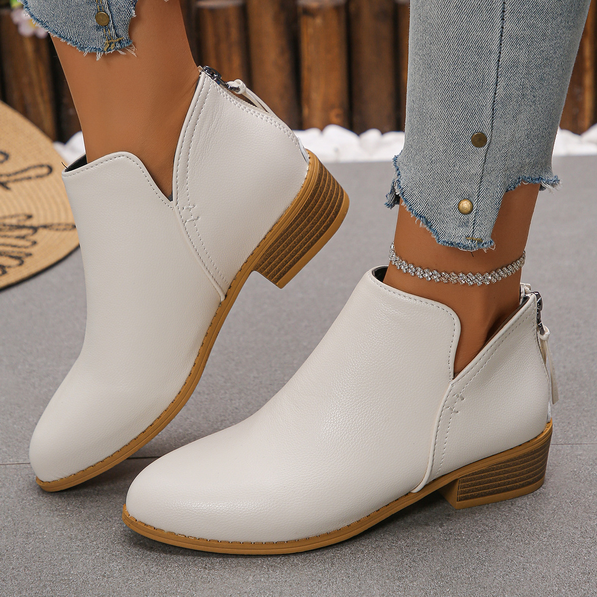 Women's casual thick heel solid color leather boots