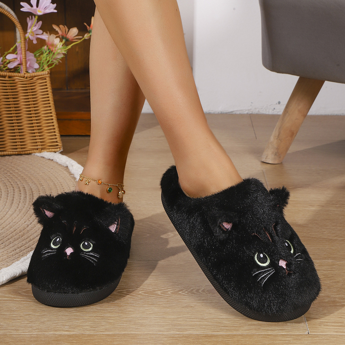 Women's cute cat plush non-slip warm cotton slippers
