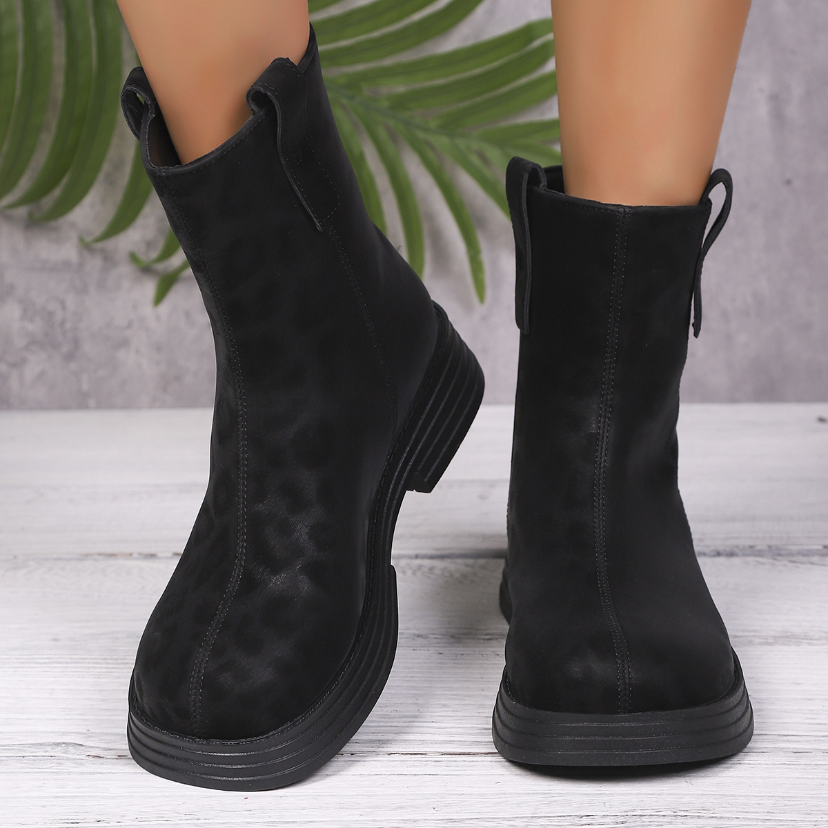 Women's chunky heel round toe boots with back zipper