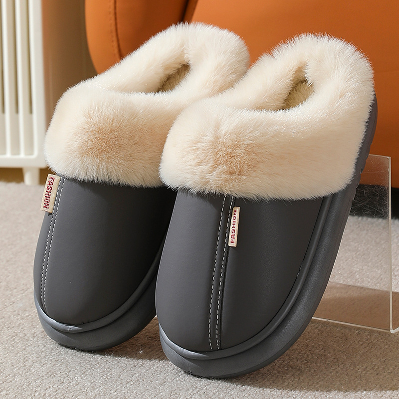 Women's PU leather solid color warm cotton slippers