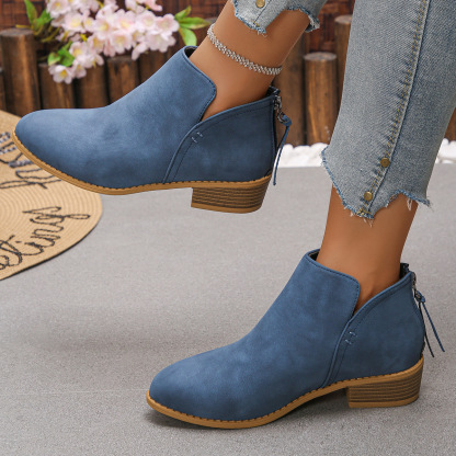 Women's casual thick heel solid color leather boots