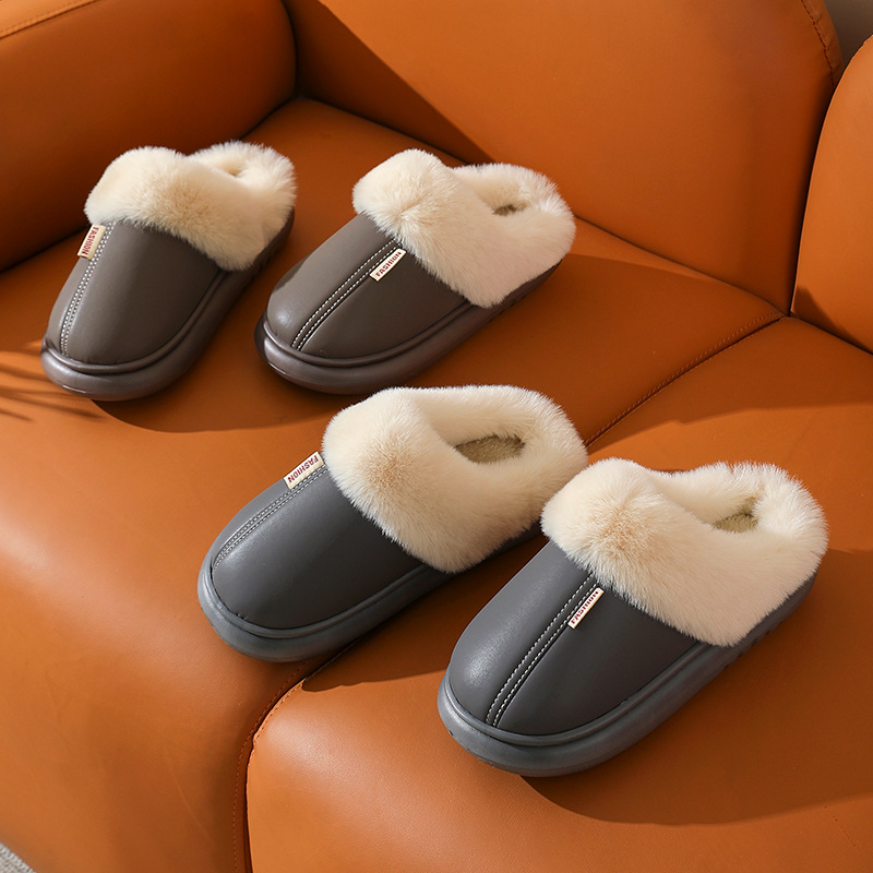 Women's PU leather solid color warm cotton slippers