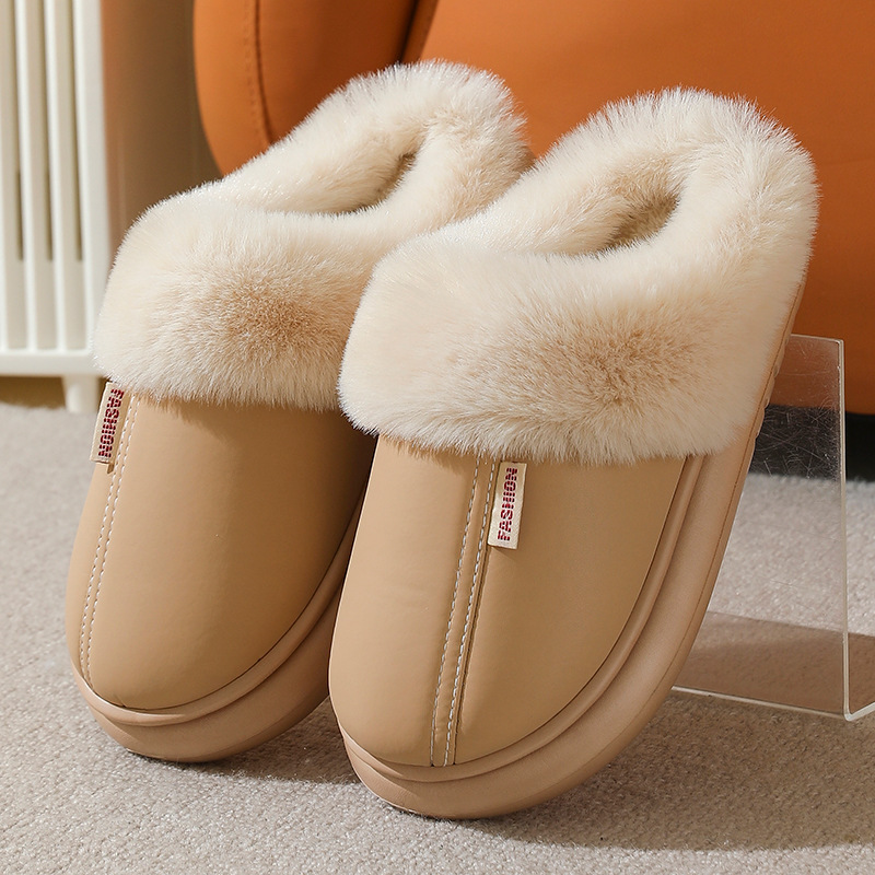 Women's PU leather solid color warm cotton slippers