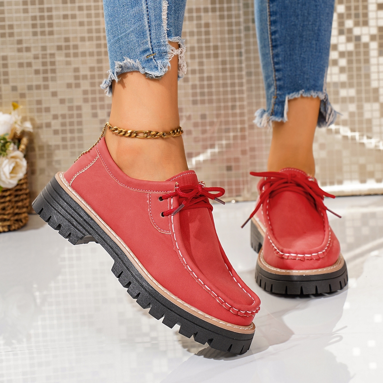 Women's new round toe lace-up casual loafers