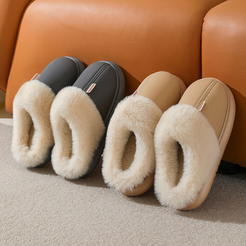 Women's PU leather solid color warm cotton slippers