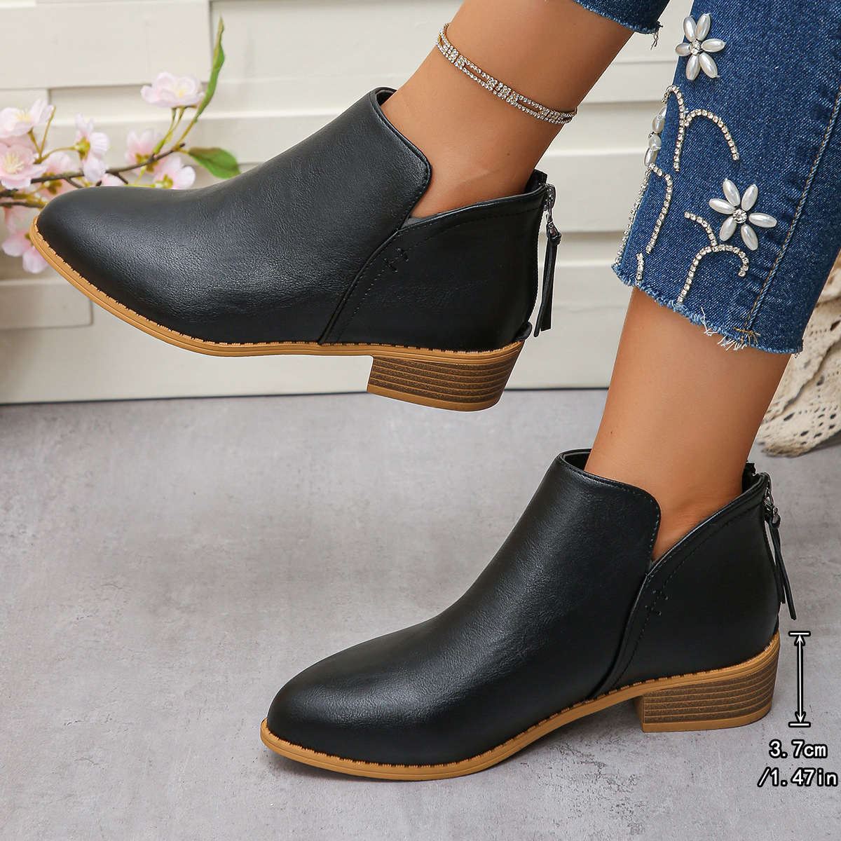 Women's casual thick heel solid color leather boots