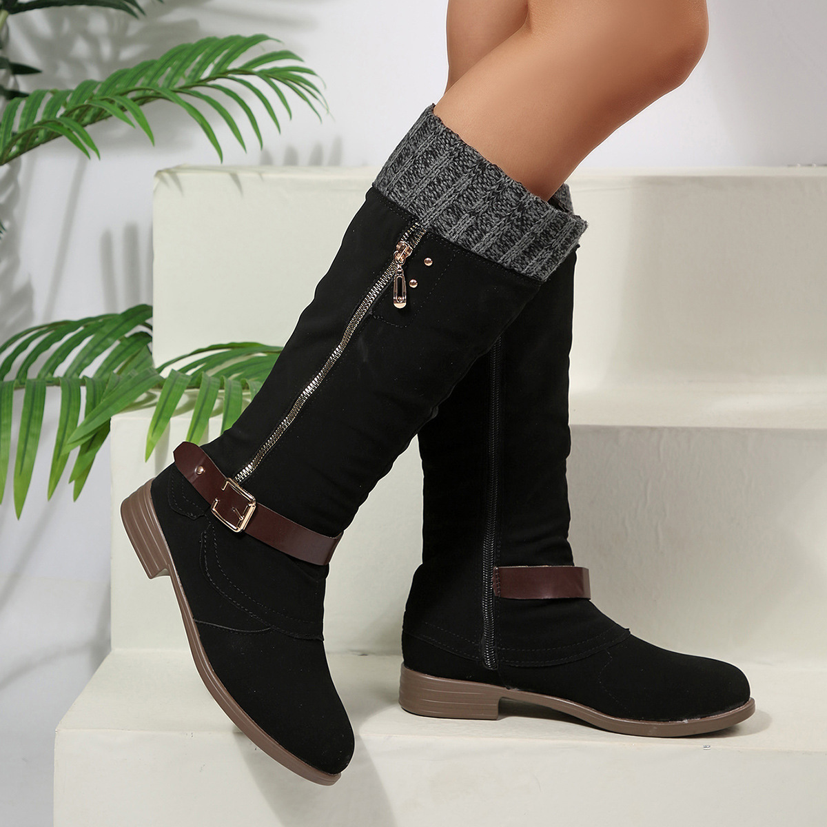 Women's side zipper belt buckle high boots