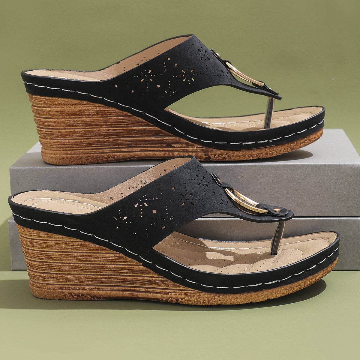 🔥2025 Summer Imitation Wood Wedge Thick-soled Casual Flip Flop - Buy 2 get free shipping