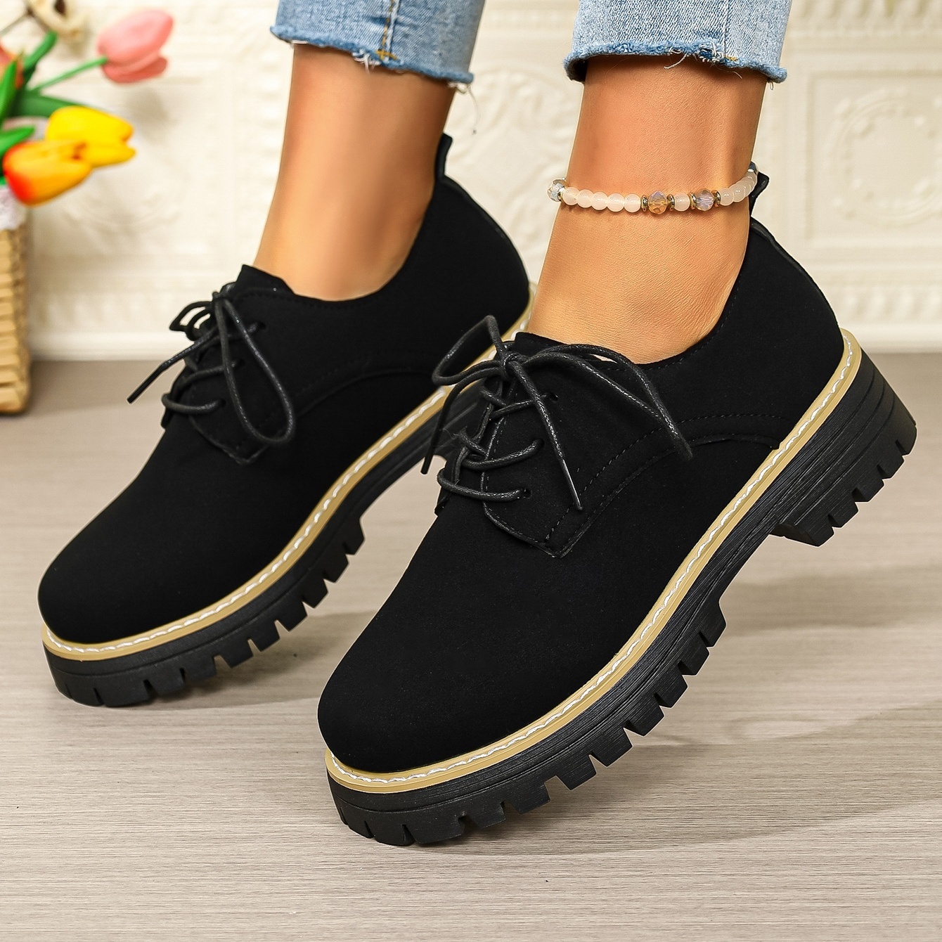 Women's waterproof and non-slip lace-up thick-soled loafers