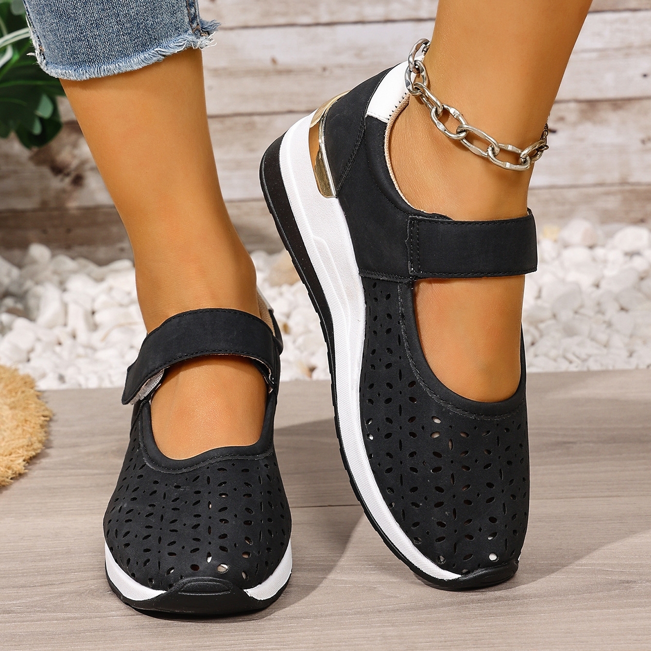 🔥Women's Summer Breathable Lightweight Adjustable Velcro Wedge Heel Sneakers