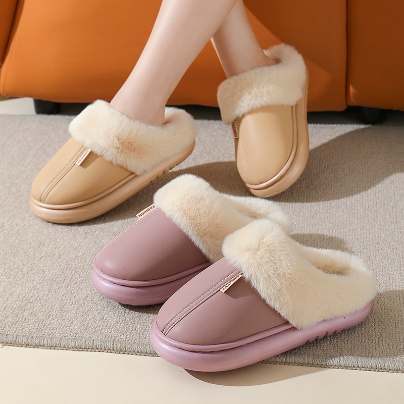 Women's PU leather solid color warm cotton slippers