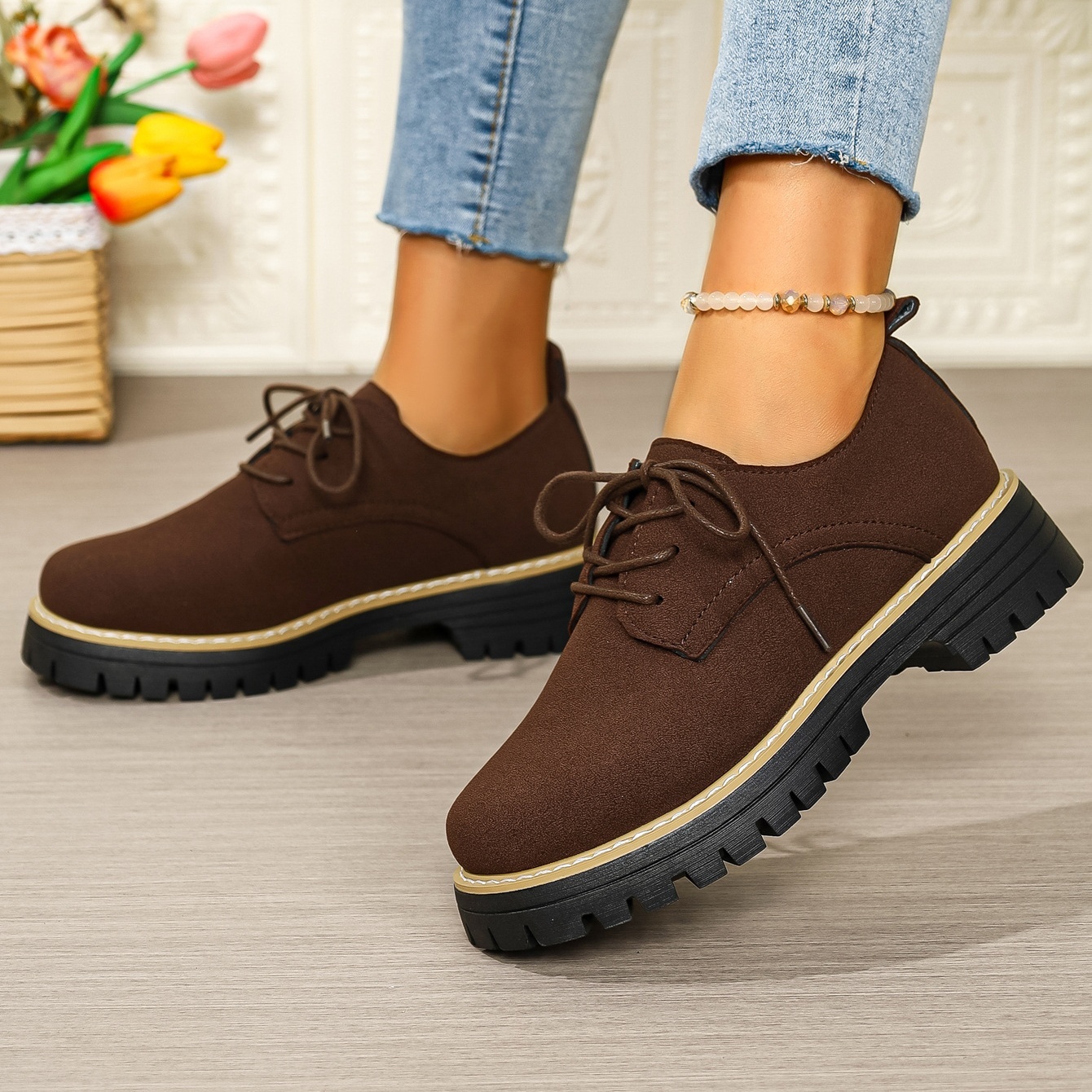 Women's waterproof and non-slip lace-up thick-soled loafers