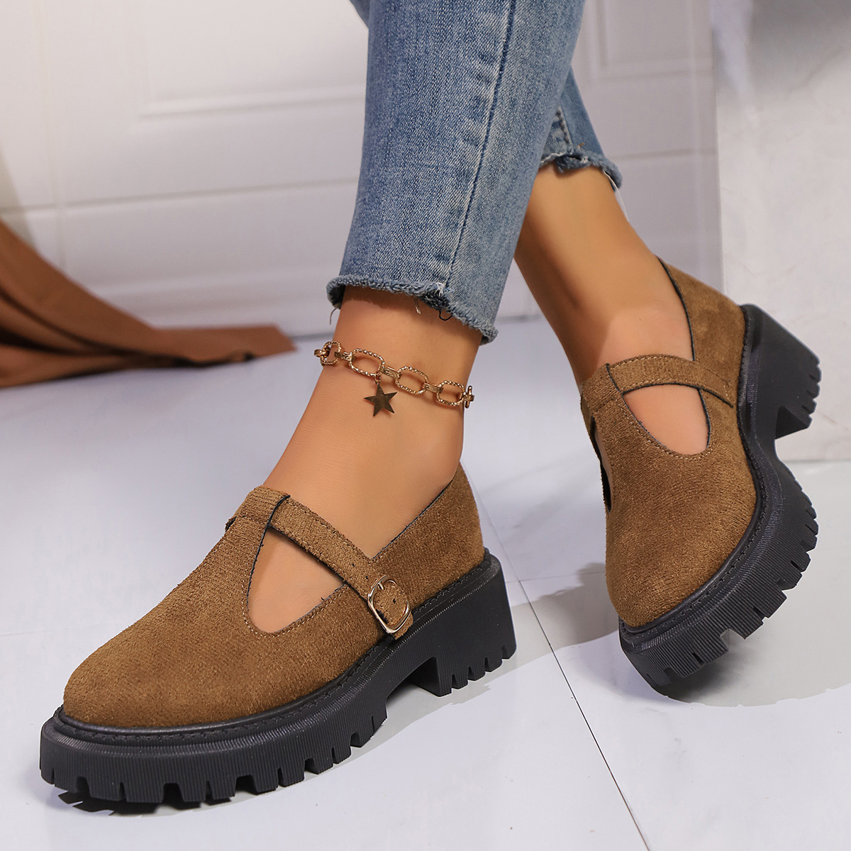 Women's Adjustable Buckle Platform/Flat leather shoes
